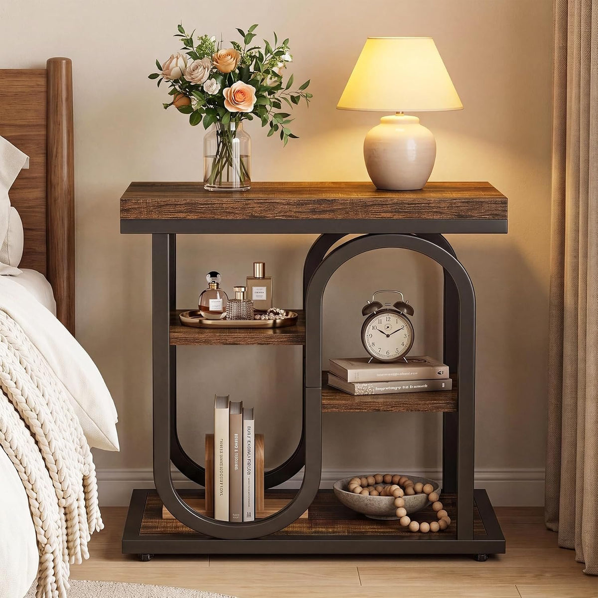 50cm Narrow Side Table, 4-Tier Industrial Nightstand with Metal Frame