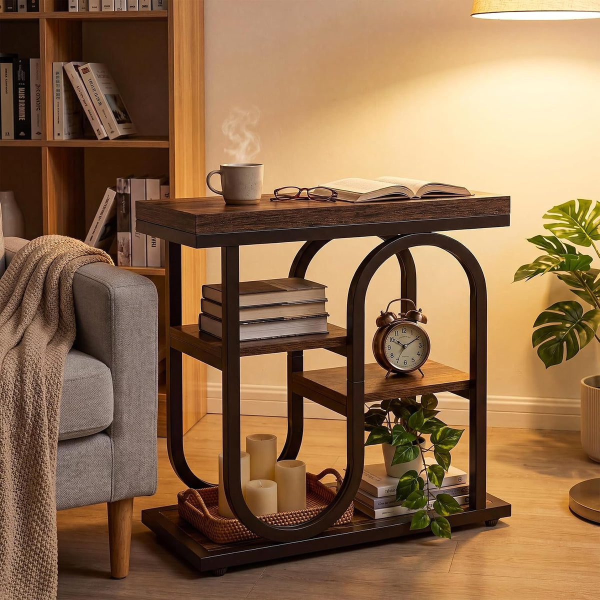 50cm Narrow Side Table, 4-Tier Industrial Nightstand with Metal Frame