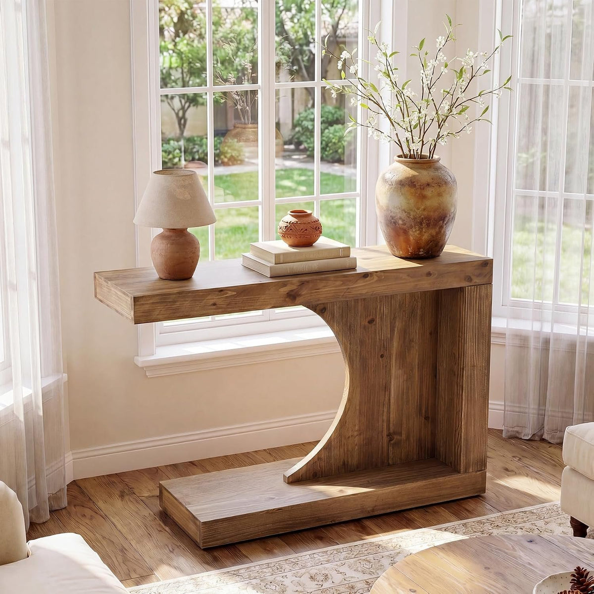 100cm Console Table, Solid Wood Modern C-Shaped Hallway Table