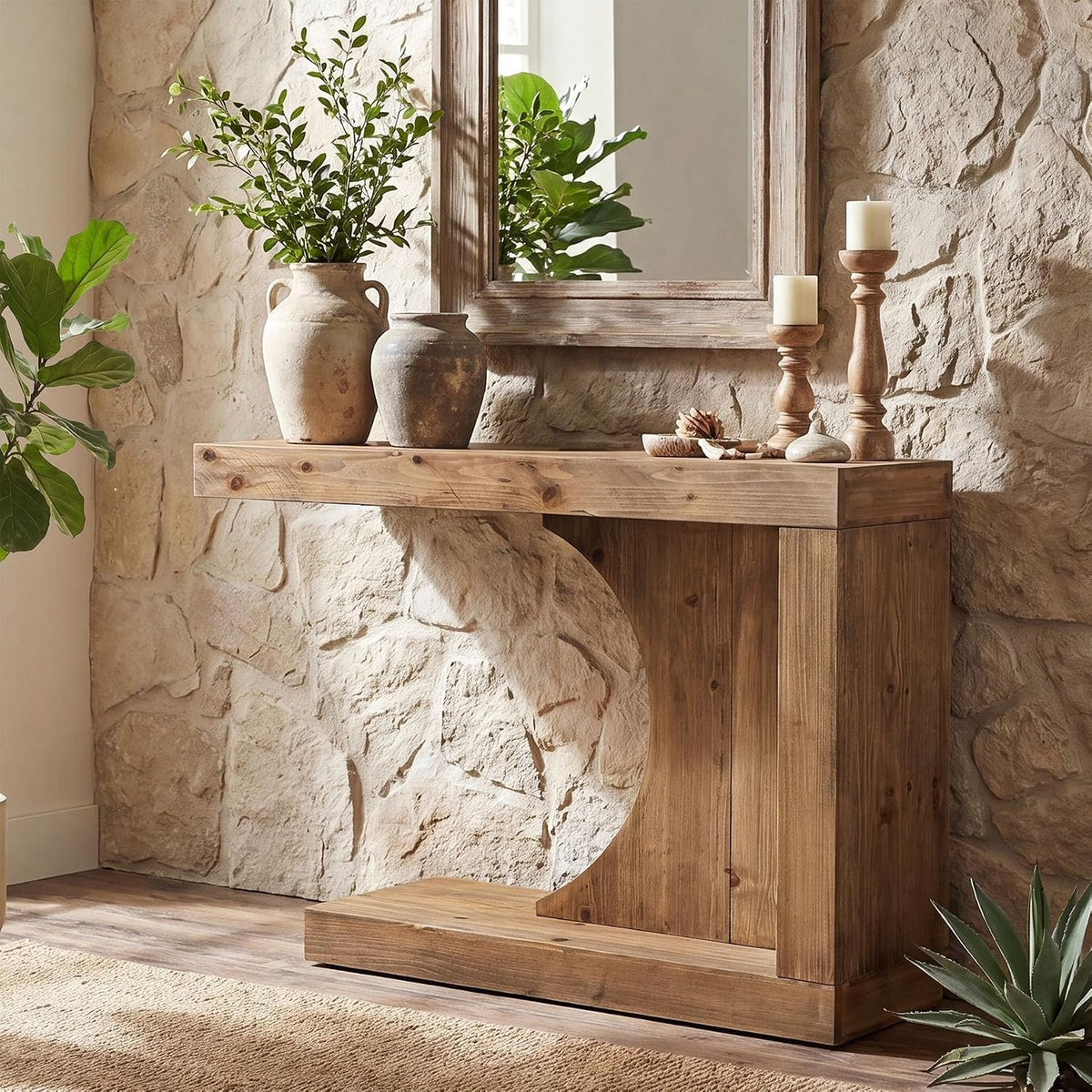 100cm Console Table, Solid Wood Modern C-Shaped Hallway Table