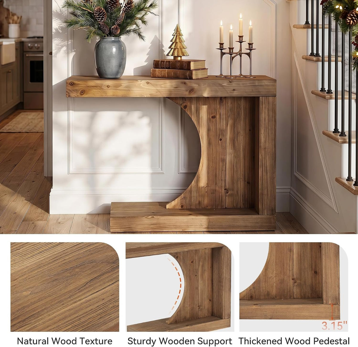 100cm Console Table, Solid Wood Modern C-Shaped Hallway Table