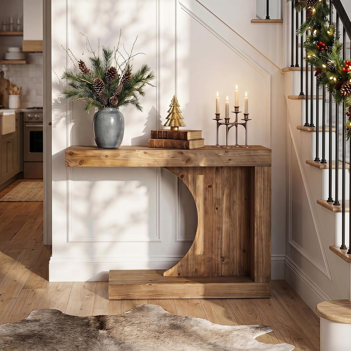 100cm Console Table, Solid Wood Modern C-Shaped Hallway Table