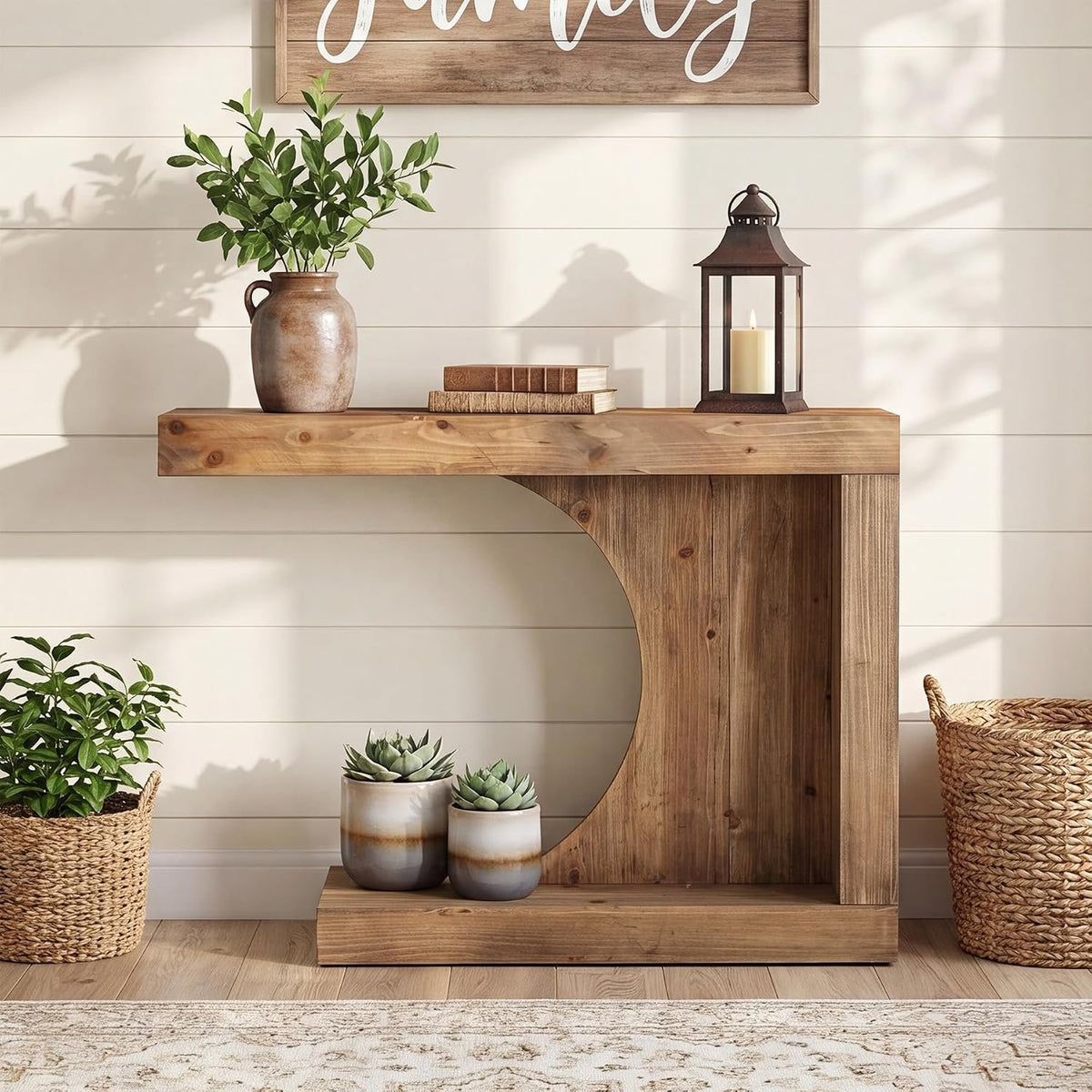 100cm Console Table, Solid Wood Modern C-Shaped Hallway Table