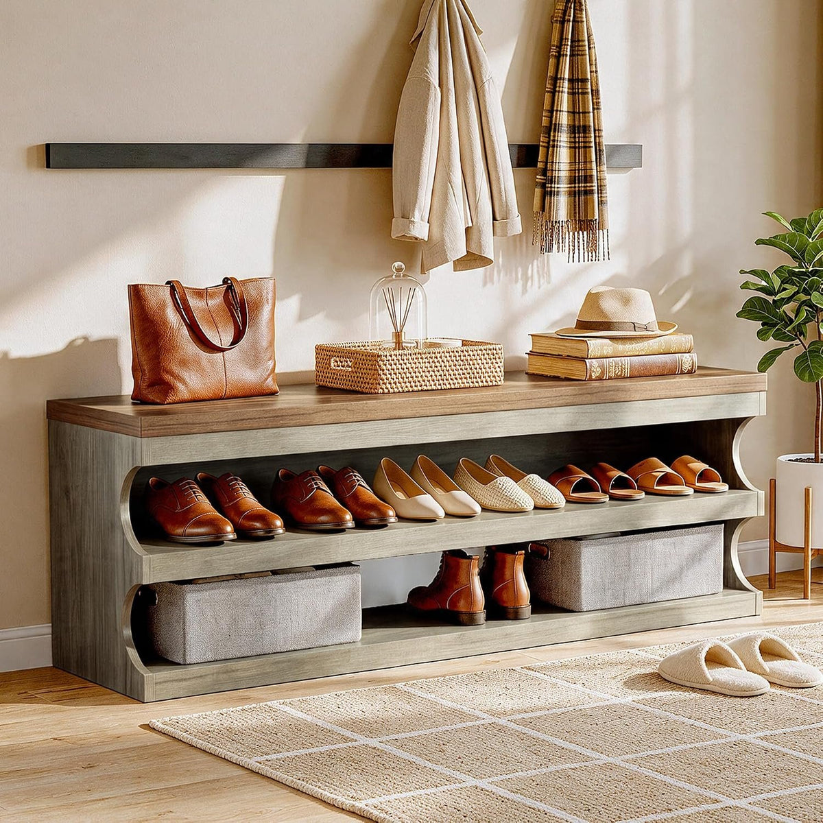 140cm Shoe Bench, 3-Tier Entryway Storage Bench for Hallway Bedroom