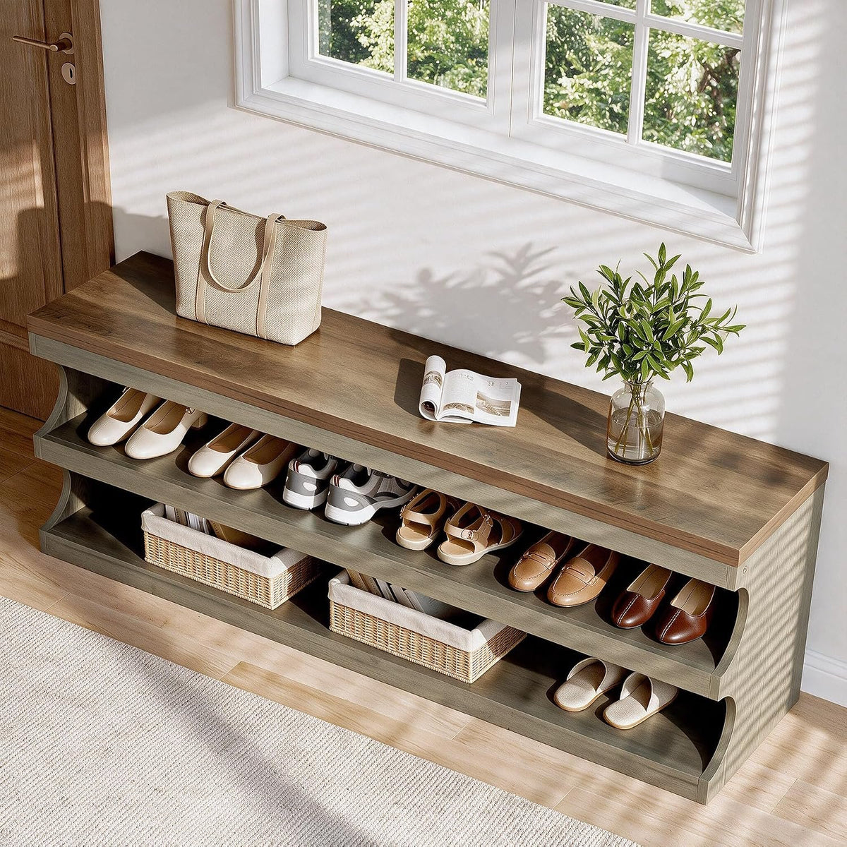 140cm Shoe Bench, 3-Tier Entryway Storage Bench for Hallway Bedroom