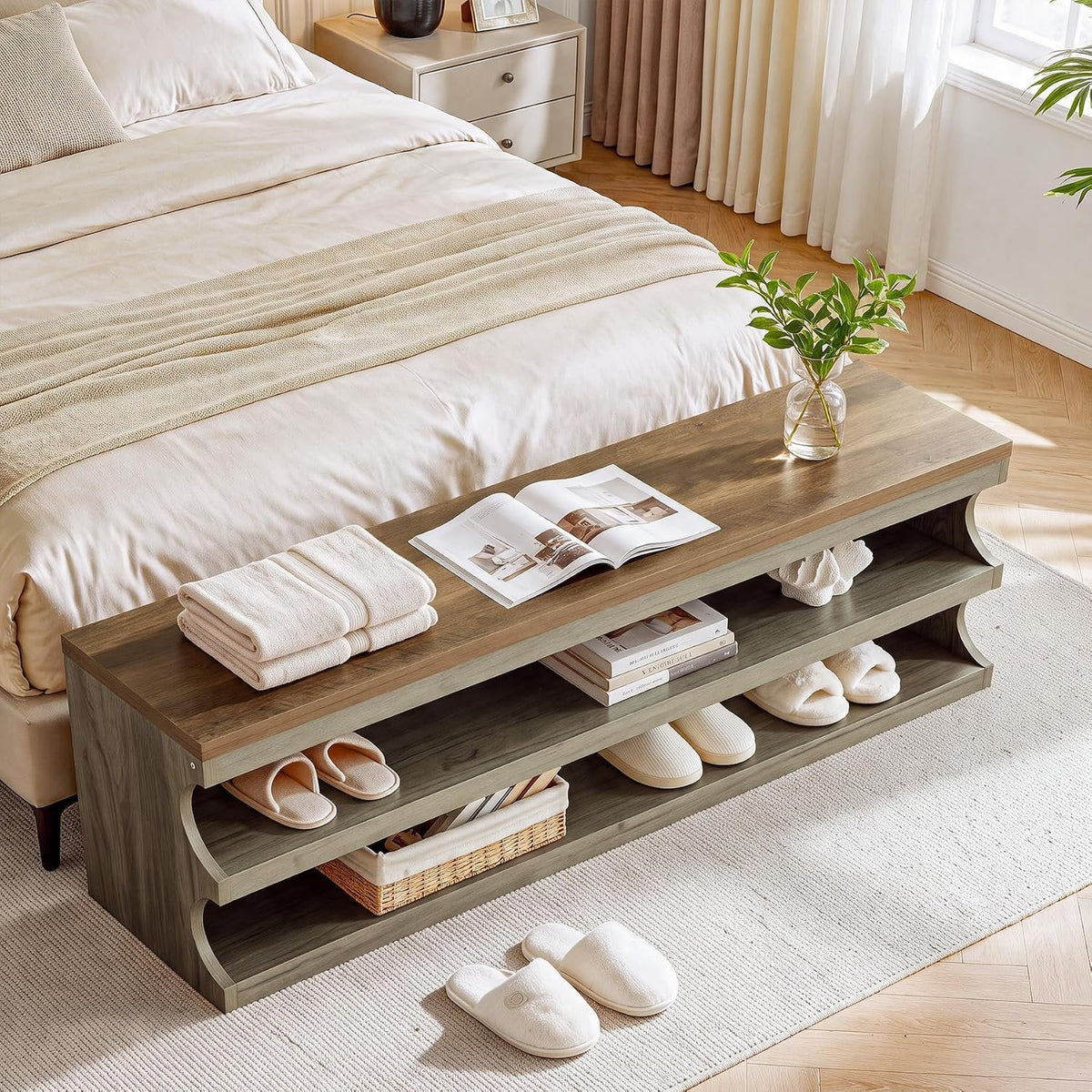 140cm Shoe Bench, 3-Tier Entryway Storage Bench for Hallway Bedroom