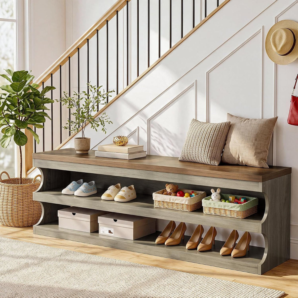 140cm Shoe Bench, 3-Tier Entryway Storage Bench for Hallway Bedroom