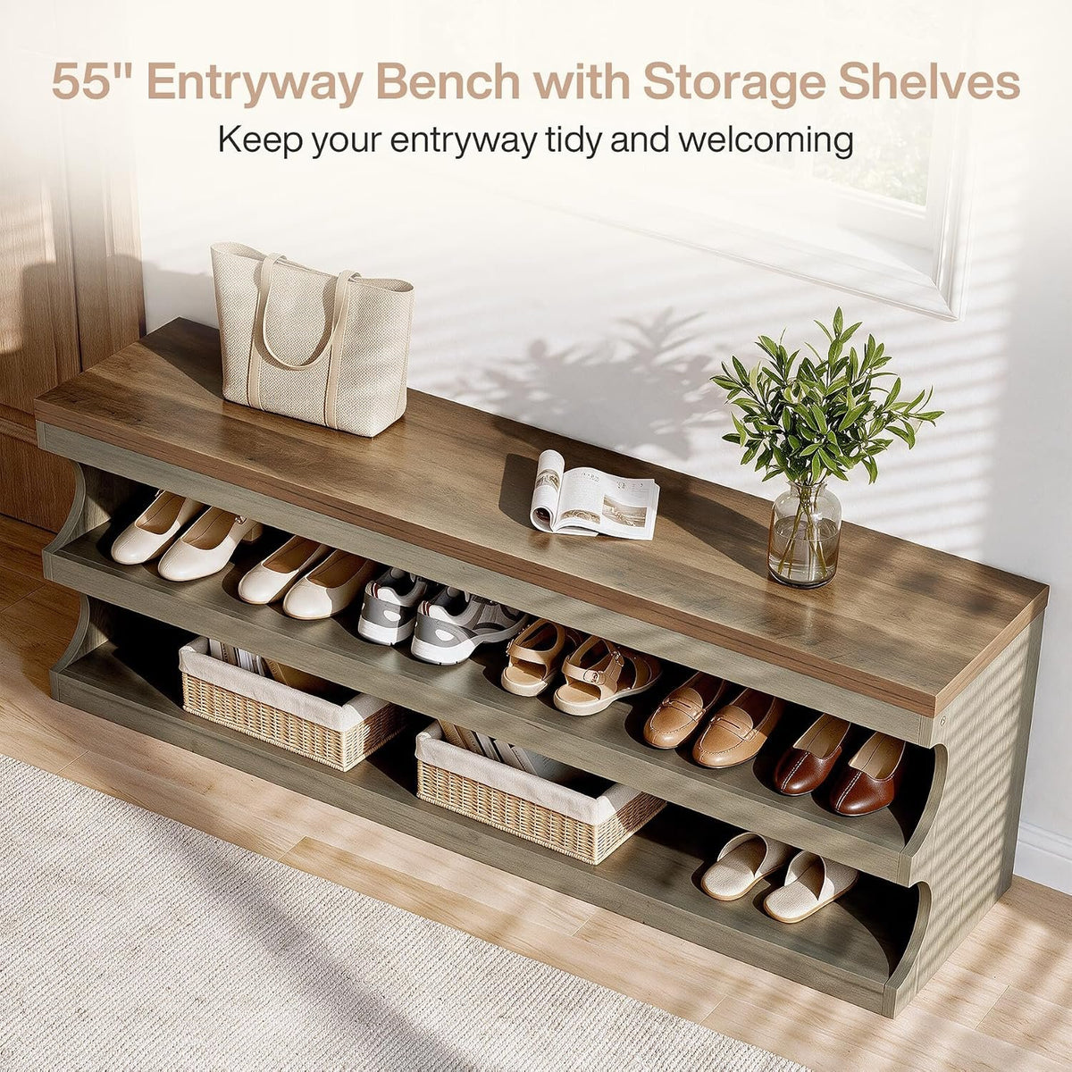 140cm Shoe Bench, 3-Tier Entryway Storage Bench for Hallway Bedroom