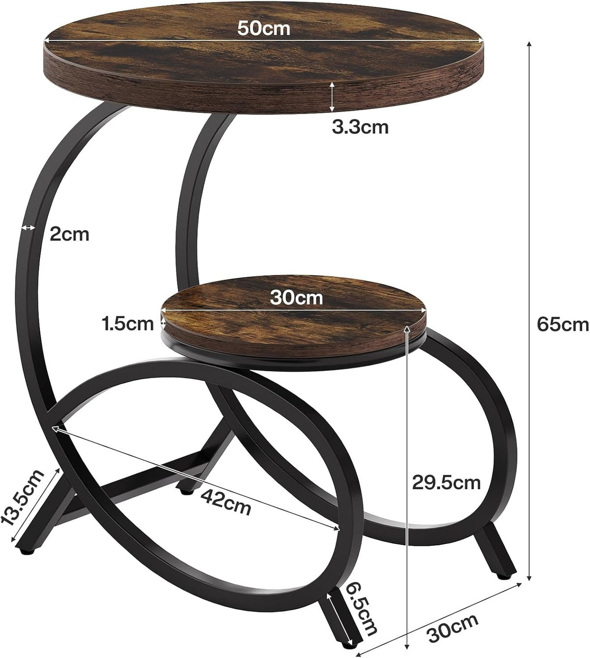 50cm C-Shaped Side Table, 2-Tier Round End Table with Storage