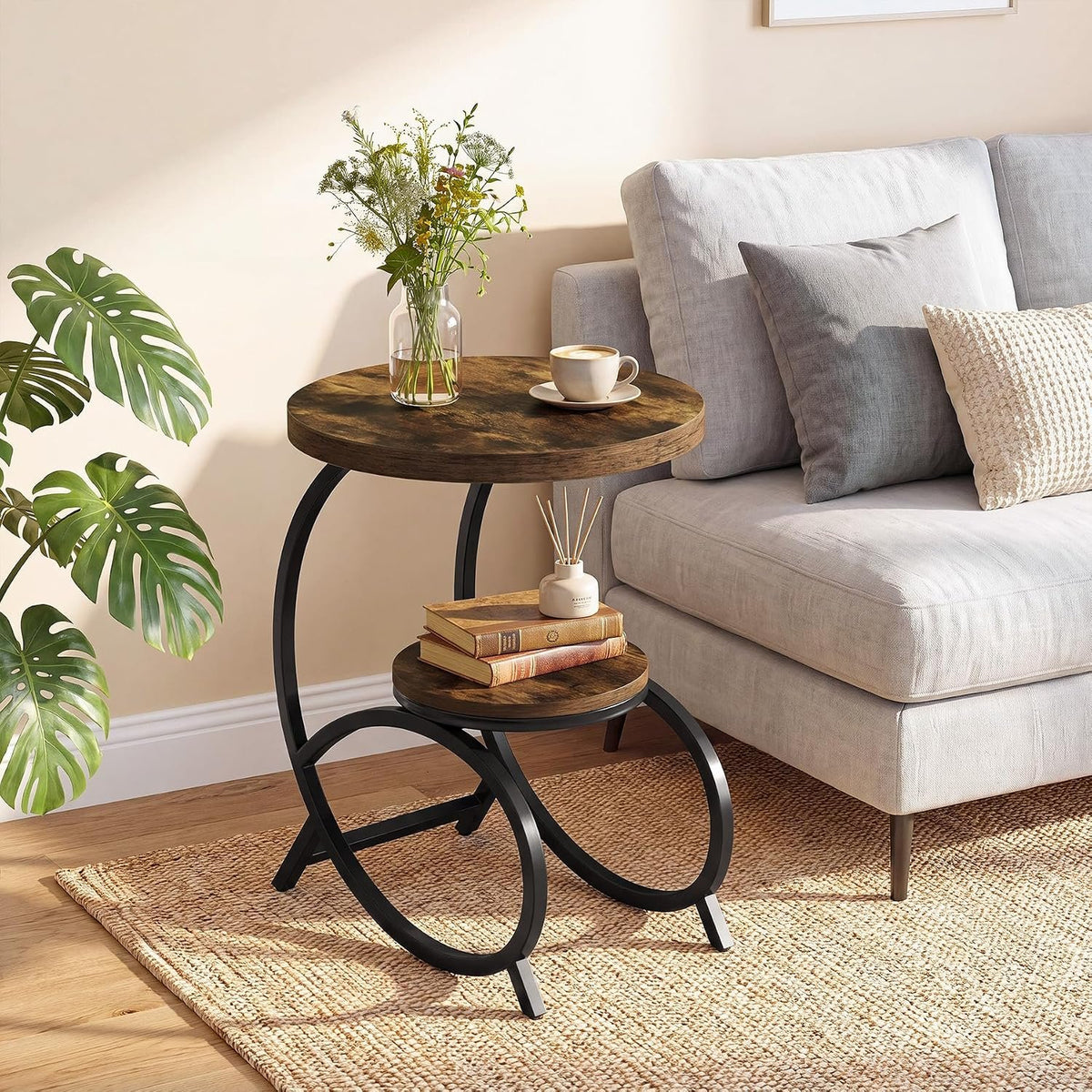 50cm C-Shaped Side Table, 2-Tier Round End Table with Storage