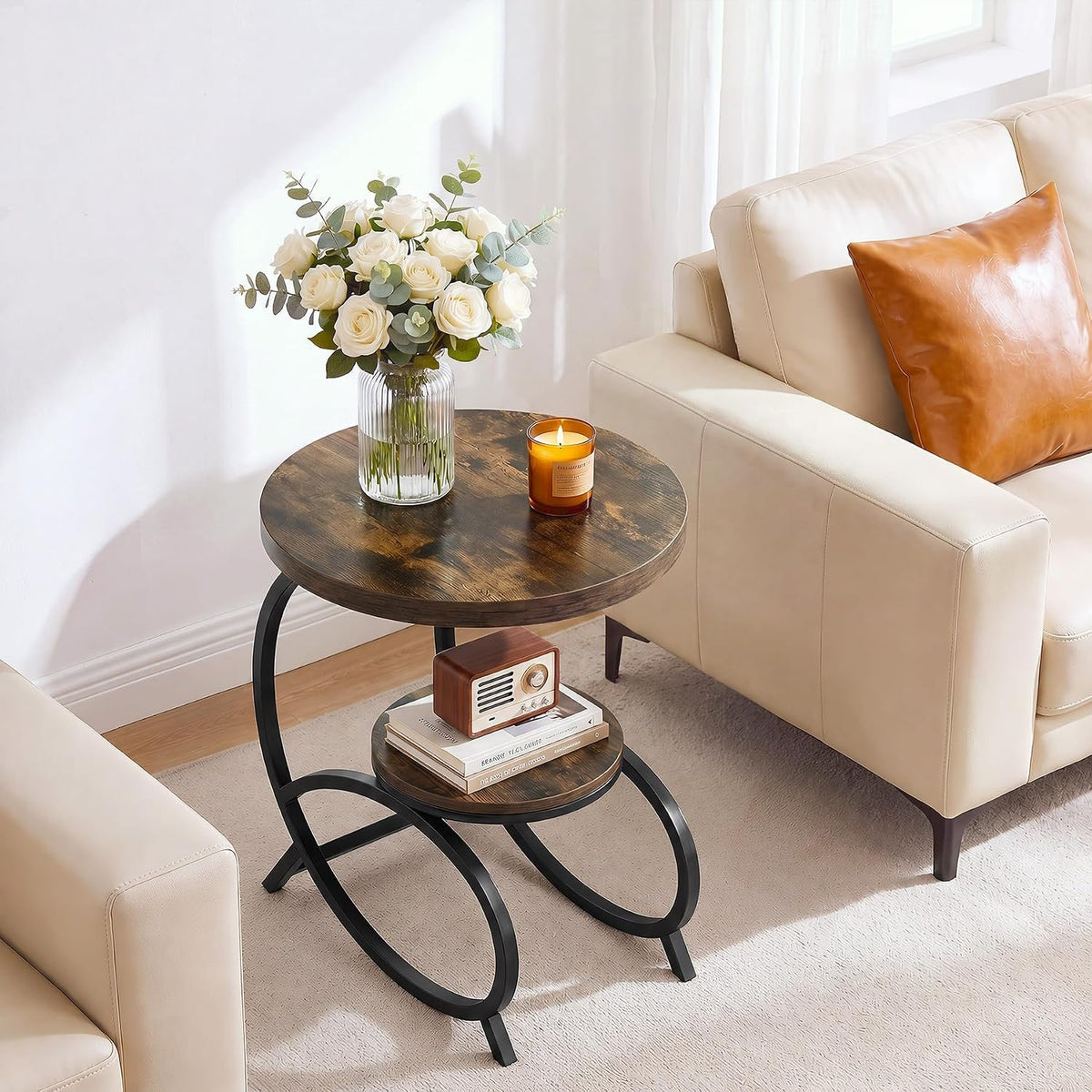 50cm C-Shaped Side Table, 2-Tier Round End Table with Storage