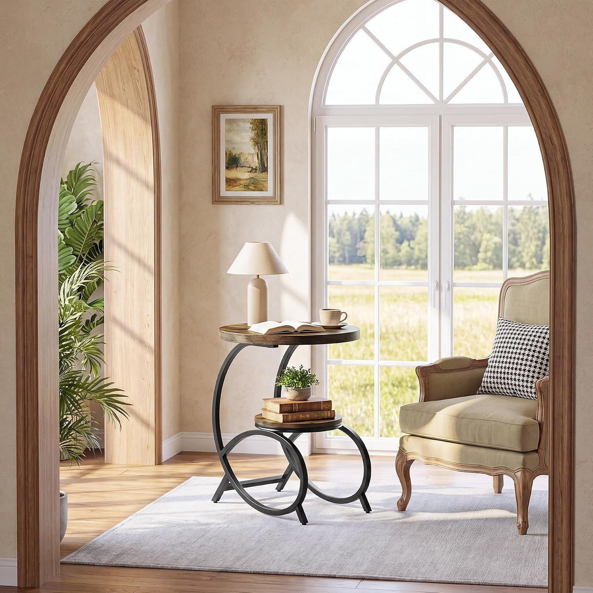 50cm C-Shaped Side Table, 2-Tier Round End Table with Storage
