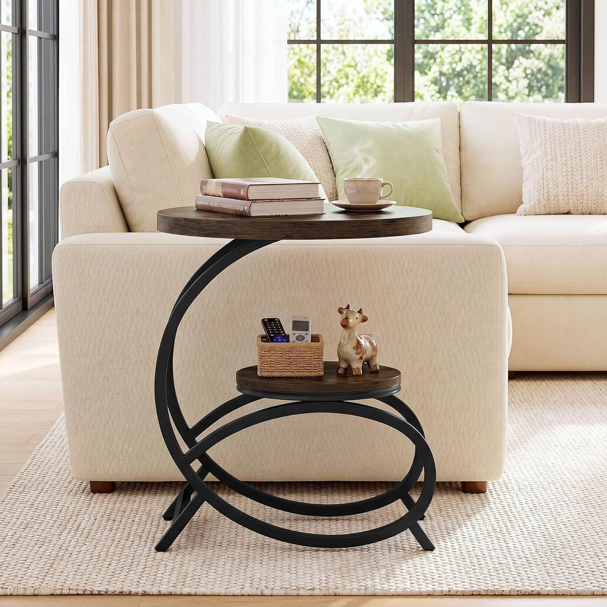 50cm C-Shaped Side Table, 2-Tier Round End Table with Storage