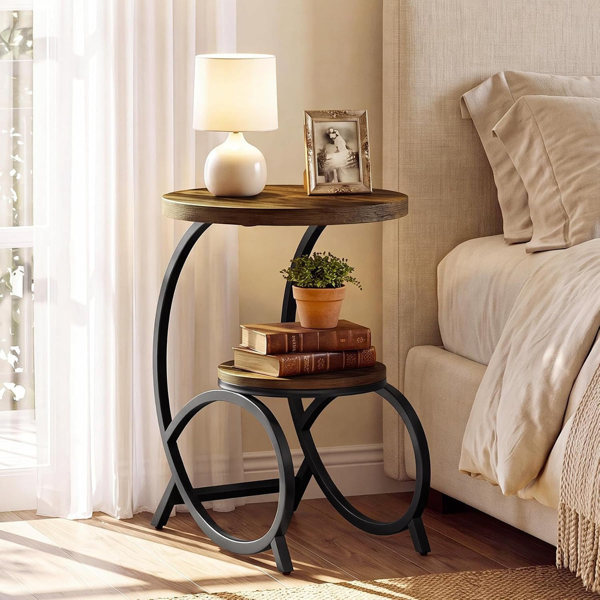 50cm C-Shaped Side Table, 2-Tier Round End Table with Storage