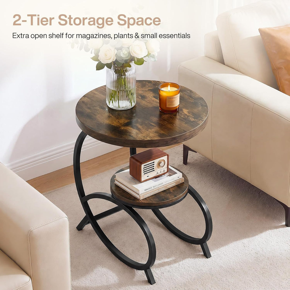 50cm C-Shaped Side Table, 2-Tier Round End Table with Storage