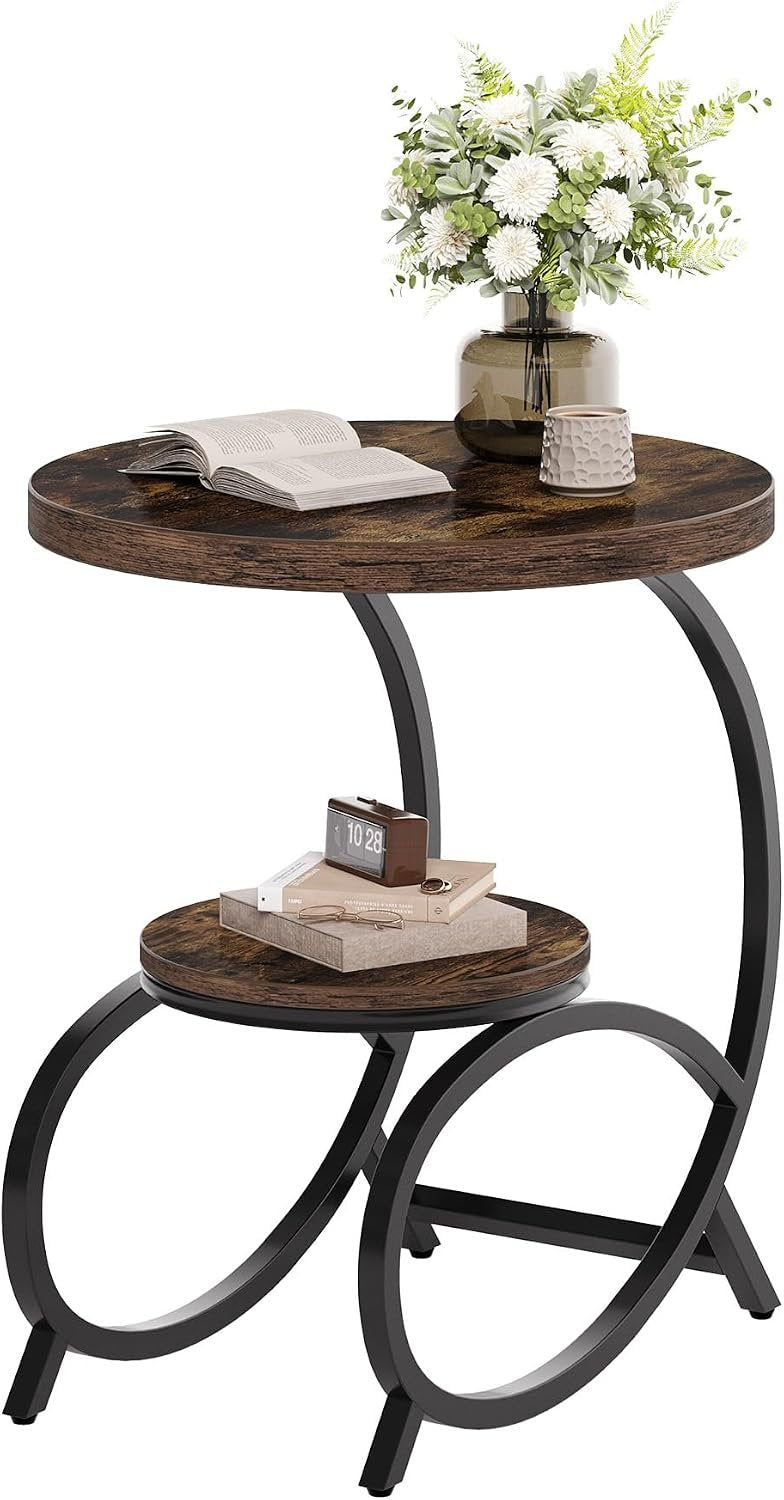 50cm C-Shaped Side Table, 2-Tier Round End Table with Storage