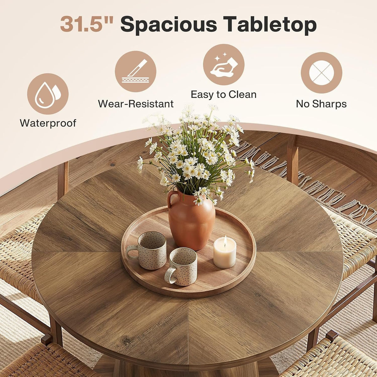 80cm Round Dining Table, 2-4 Seater Sturdy Pedestal Kitchen Table