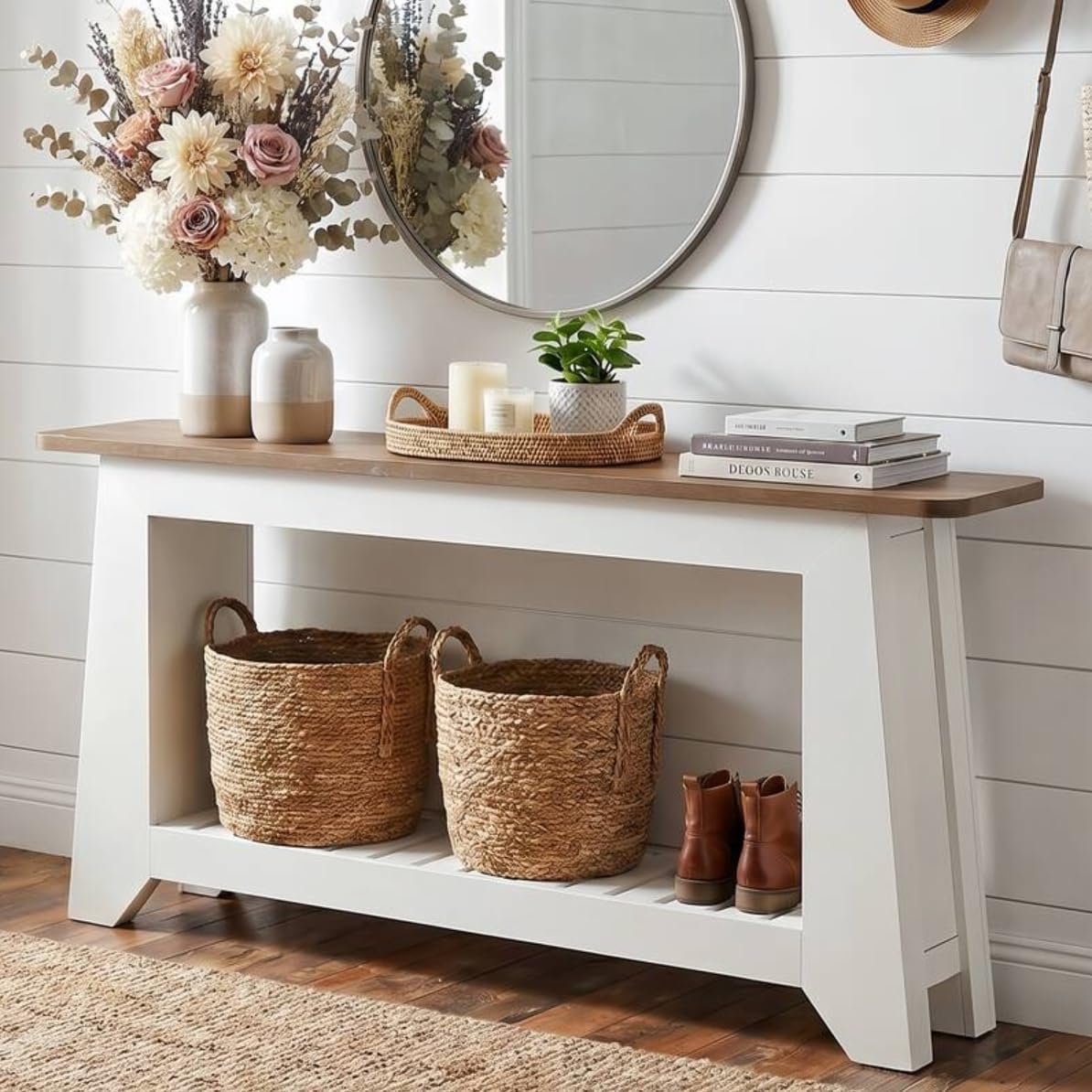 160cm Console Table, Modern Rustic Entryway Table with Open Slatted Shelf