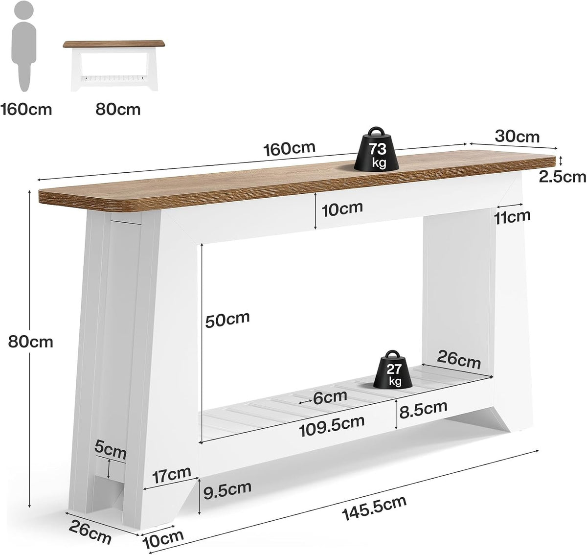 160cm Console Table, Modern Rustic Entryway Table with Open Slatted Shelf