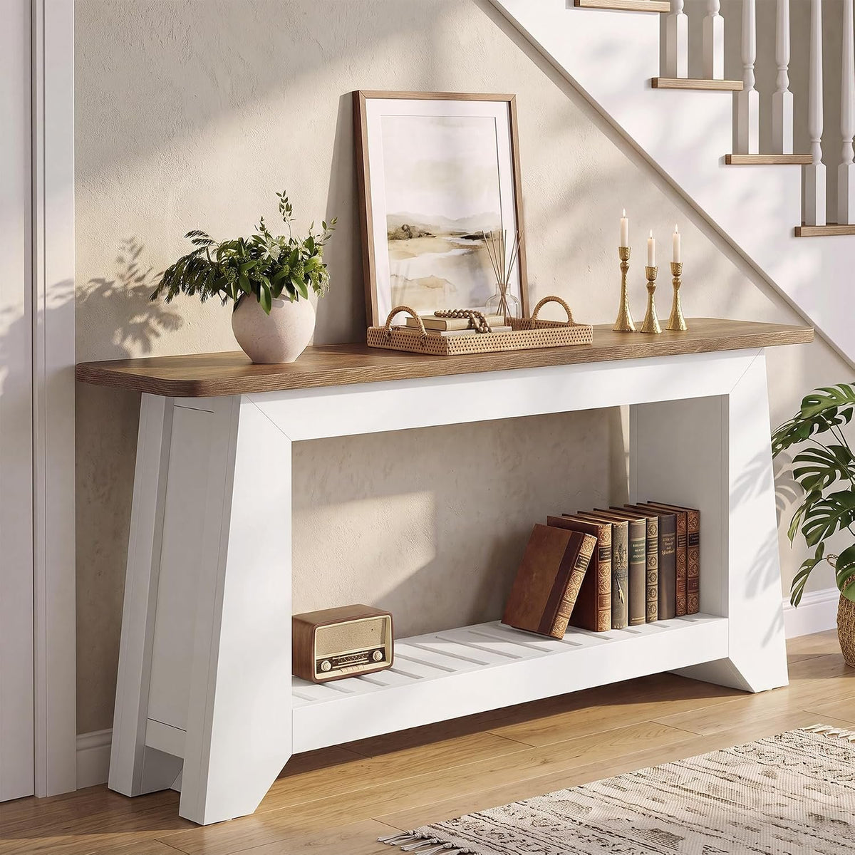 160cm Console Table, Modern Rustic Entryway Table with Open Slatted Shelf
