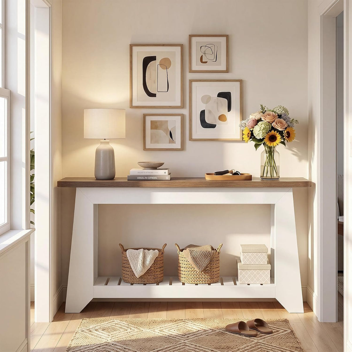 160cm Console Table, Modern Rustic Entryway Table with Open Slatted Shelf