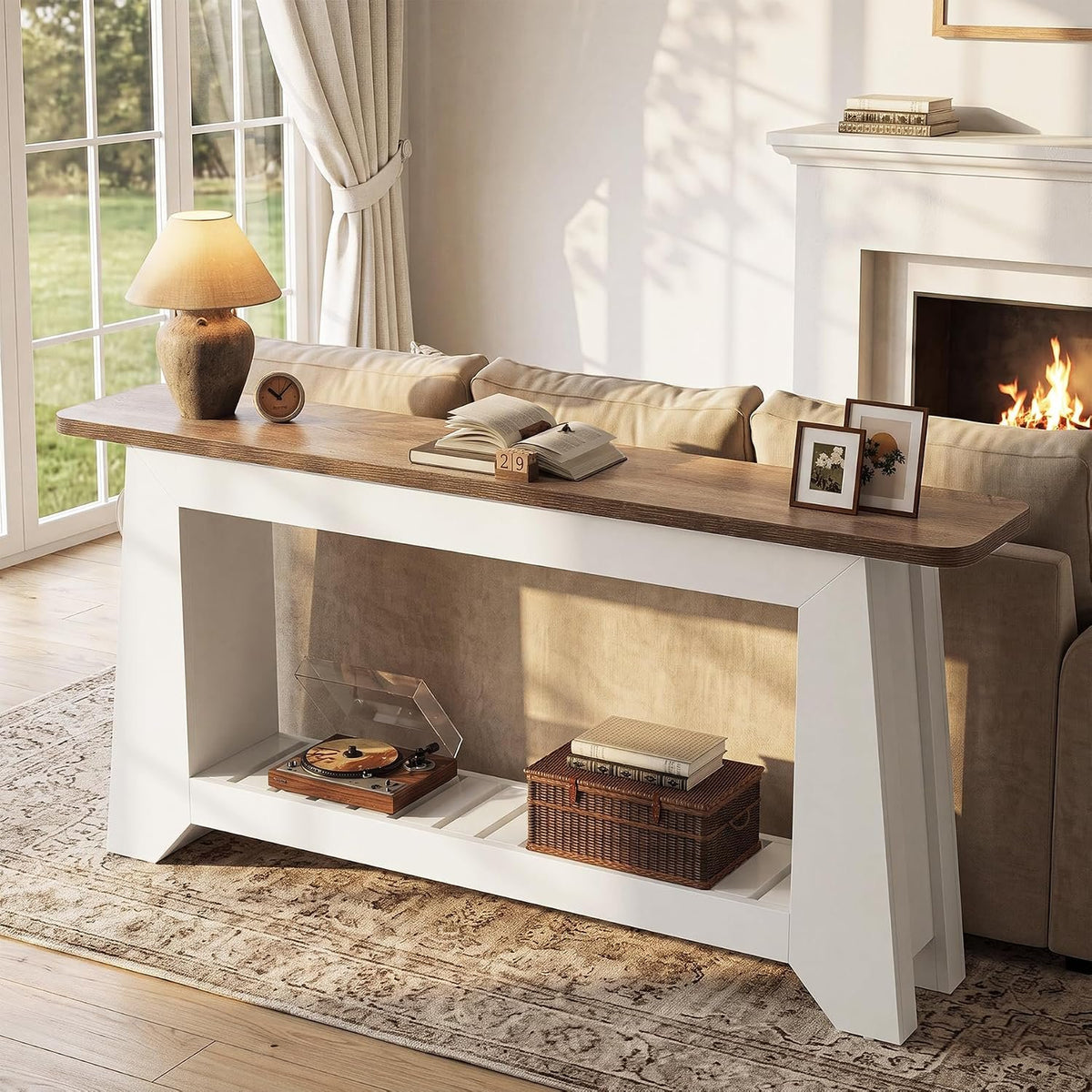 160cm Console Table, Modern Rustic Entryway Table with Open Slatted Shelf