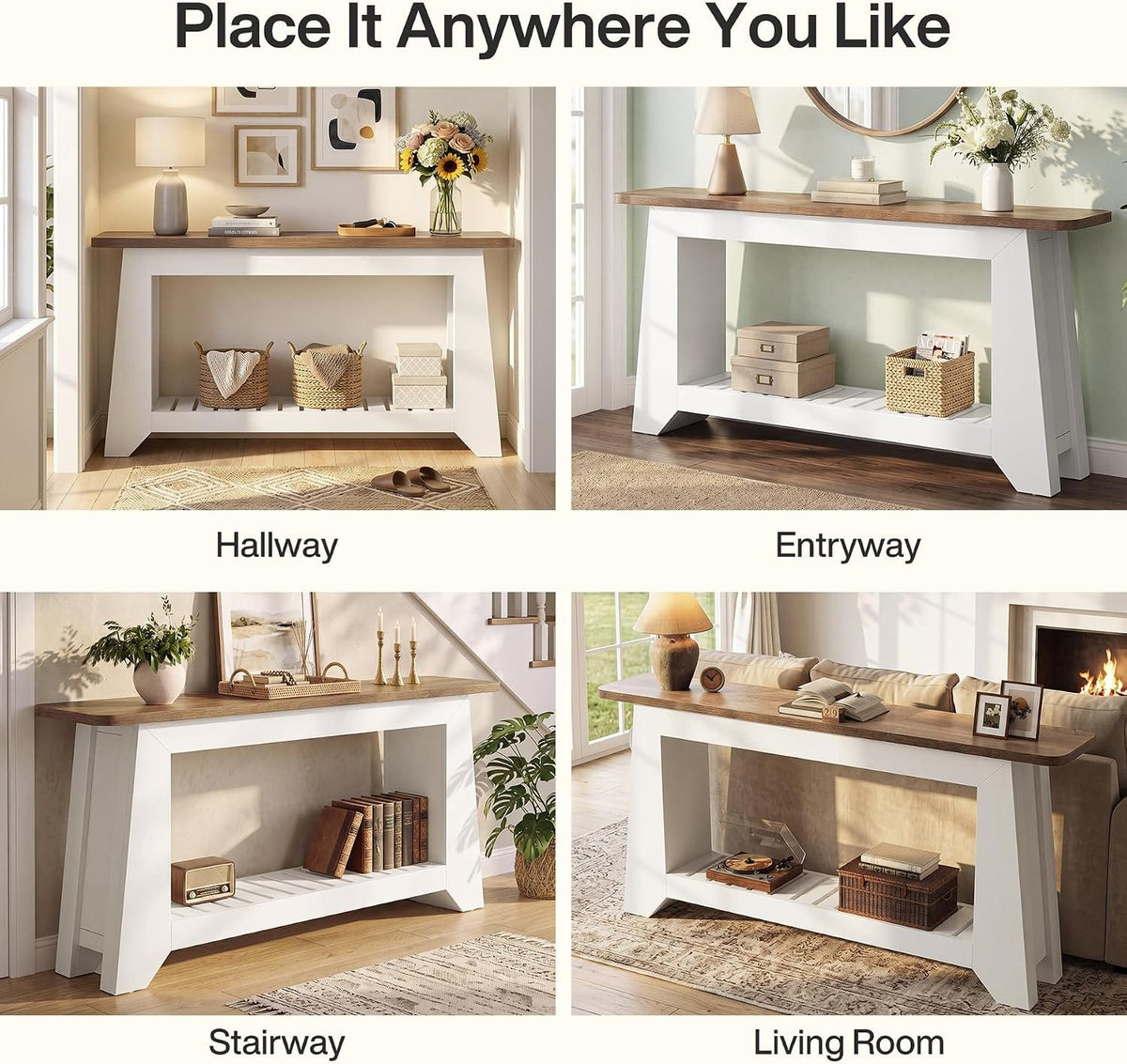 160cm Console Table, Modern Rustic Entryway Table with Open Slatted Shelf