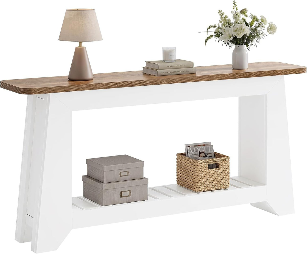 160cm Console Table, Modern Rustic Entryway Table with Open Slatted Shelf