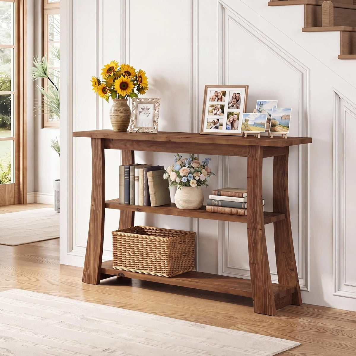 105cm Console Table, Solid Wood 3-Tier Narrow Hallway Table