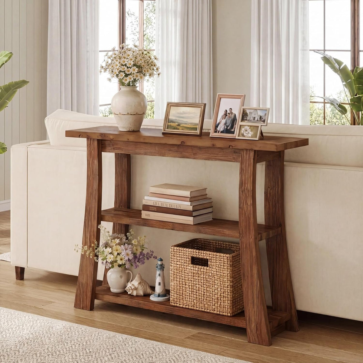 105cm Console Table, Solid Wood 3-Tier Narrow Hallway Table