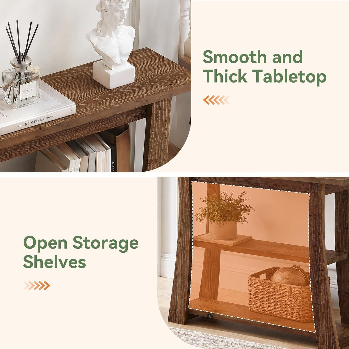 105cm Console Table, Solid Wood 3-Tier Narrow Hallway Table