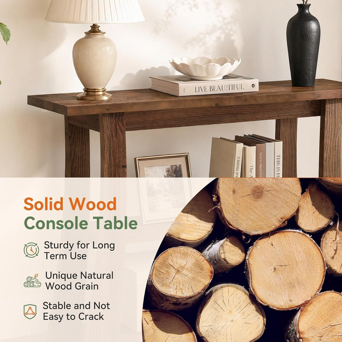 105cm Console Table, Solid Wood 3-Tier Narrow Hallway Table