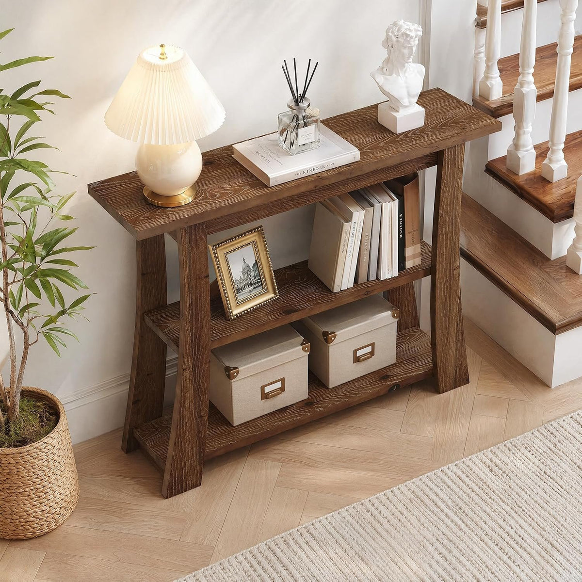 105cm Console Table, Solid Wood 3-Tier Narrow Hallway Table