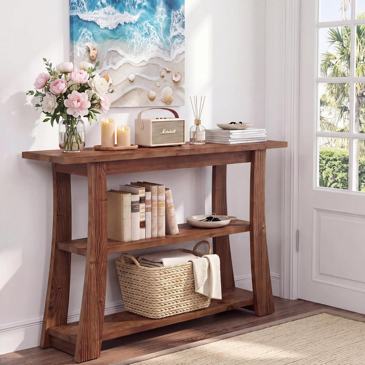 105cm Console Table, Solid Wood 3-Tier Narrow Hallway Table
