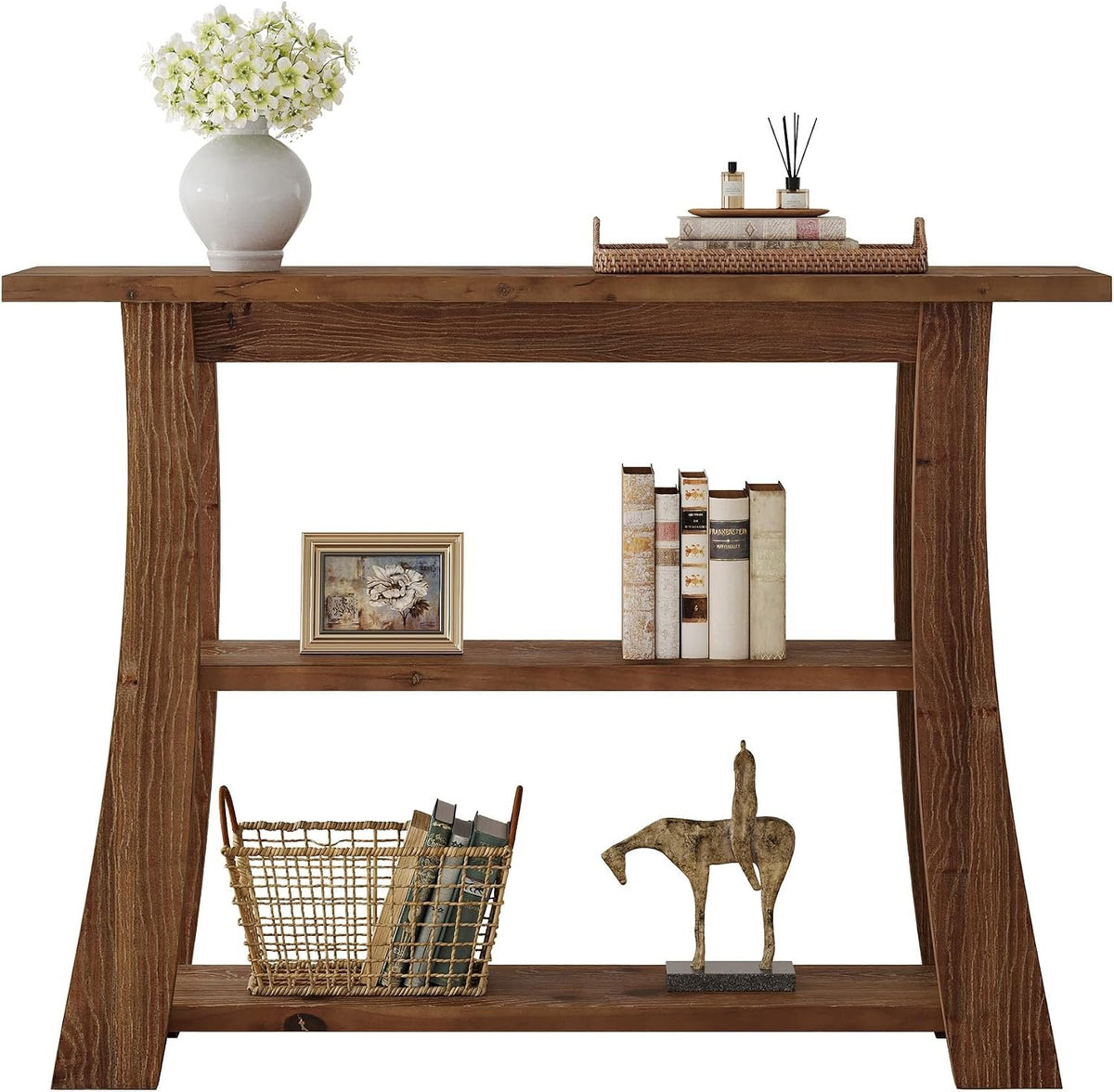 105cm Console Table, Solid Wood 3-Tier Narrow Hallway Table