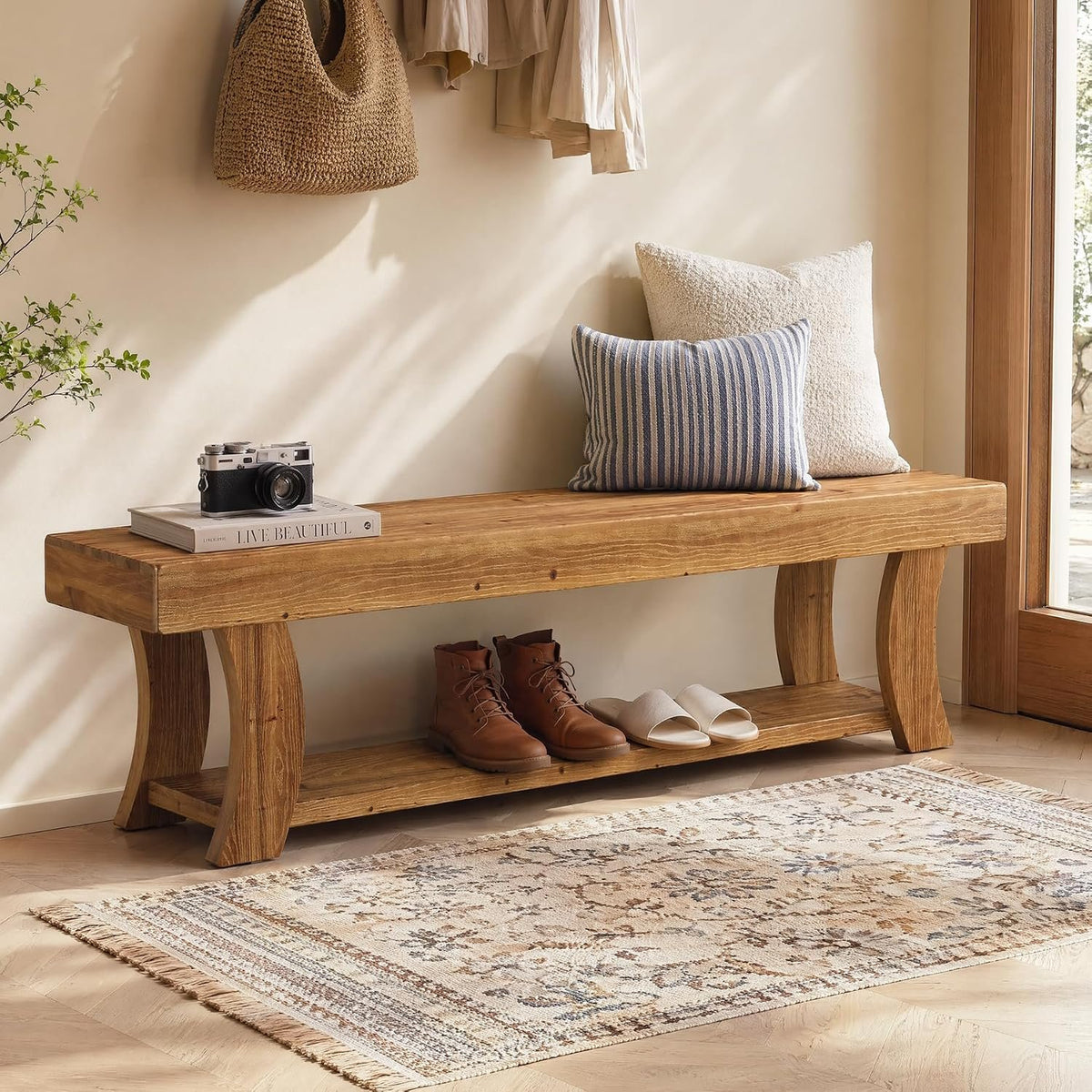 160cm Entryway Bench, Solid Wood Shoe Storage Bench for Hallway Living Room