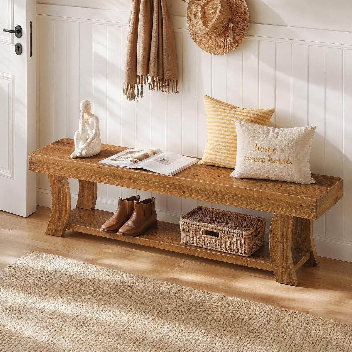 160cm Entryway Bench, Solid Wood Shoe Storage Bench for Hallway Living Room