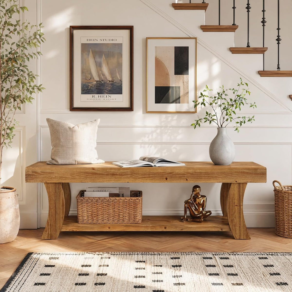 160cm Entryway Bench, Solid Wood Shoe Storage Bench for Hallway Living Room