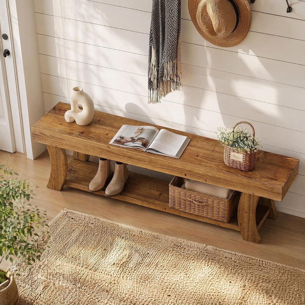 160cm Entryway Bench, Solid Wood Shoe Storage Bench for Hallway Living Room