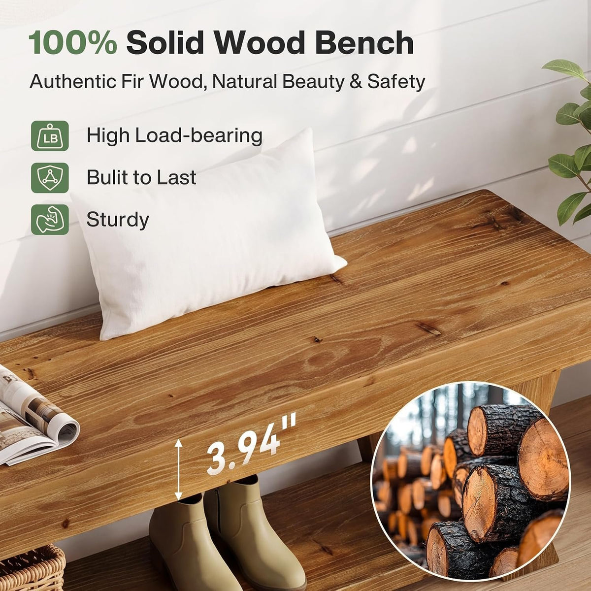 160cm Entryway Bench, Solid Wood Shoe Storage Bench for Hallway Living Room