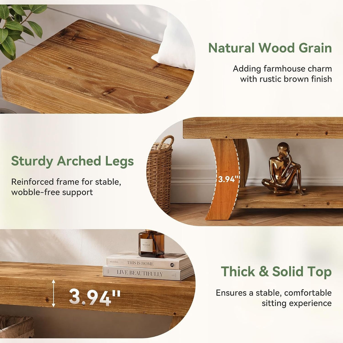 160cm Entryway Bench, Solid Wood Shoe Storage Bench for Hallway Living Room