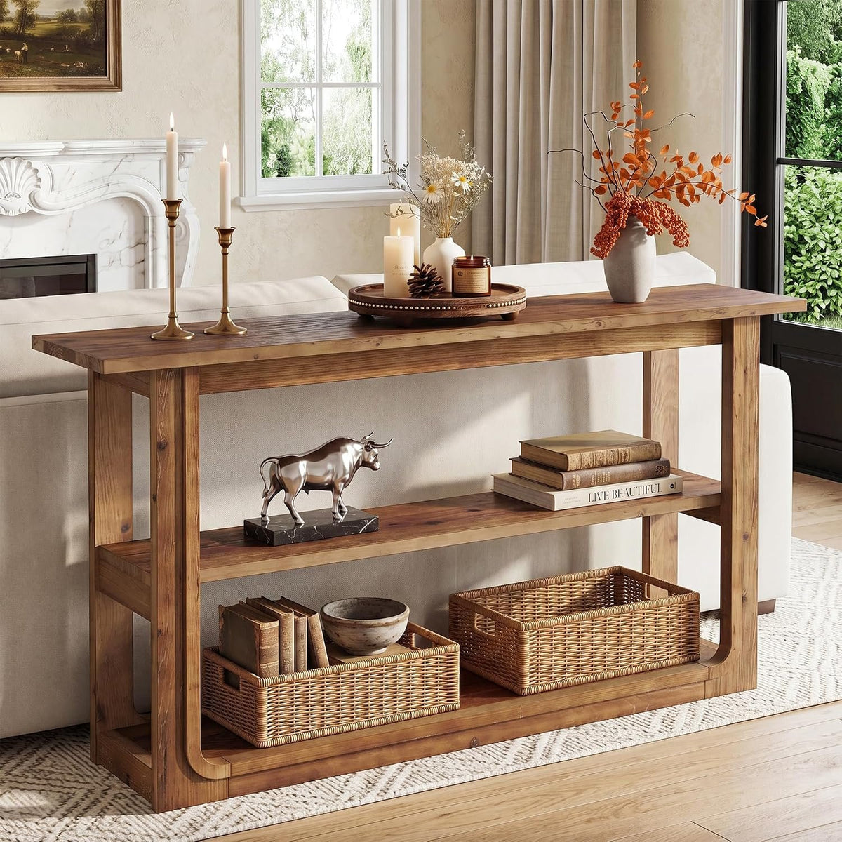 140cm Console Table, Solid Wood 3-Tier Narrow Rustic Hallway Table