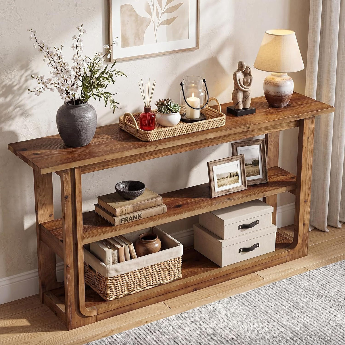 140cm Console Table, Solid Wood 3-Tier Narrow Rustic Hallway Table