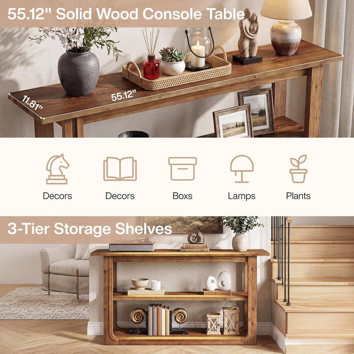 140cm Console Table, Solid Wood 3-Tier Narrow Rustic Hallway Table