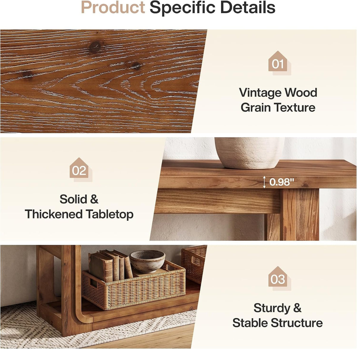 140cm Console Table, Solid Wood 3-Tier Narrow Rustic Hallway Table