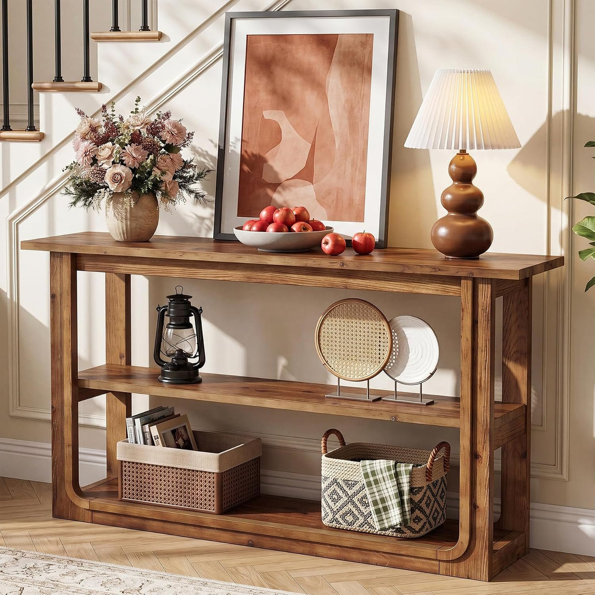 140cm Console Table, Solid Wood 3-Tier Narrow Rustic Hallway Table