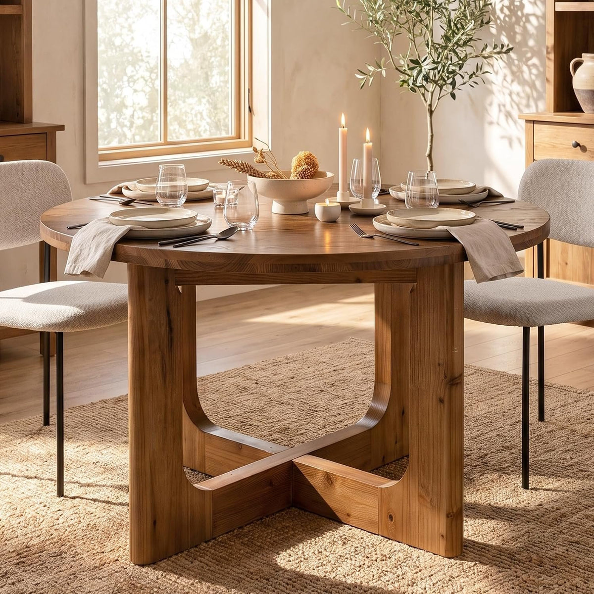 100cm Round Dining Table, Rustic Kitchen Table for 2-4 People