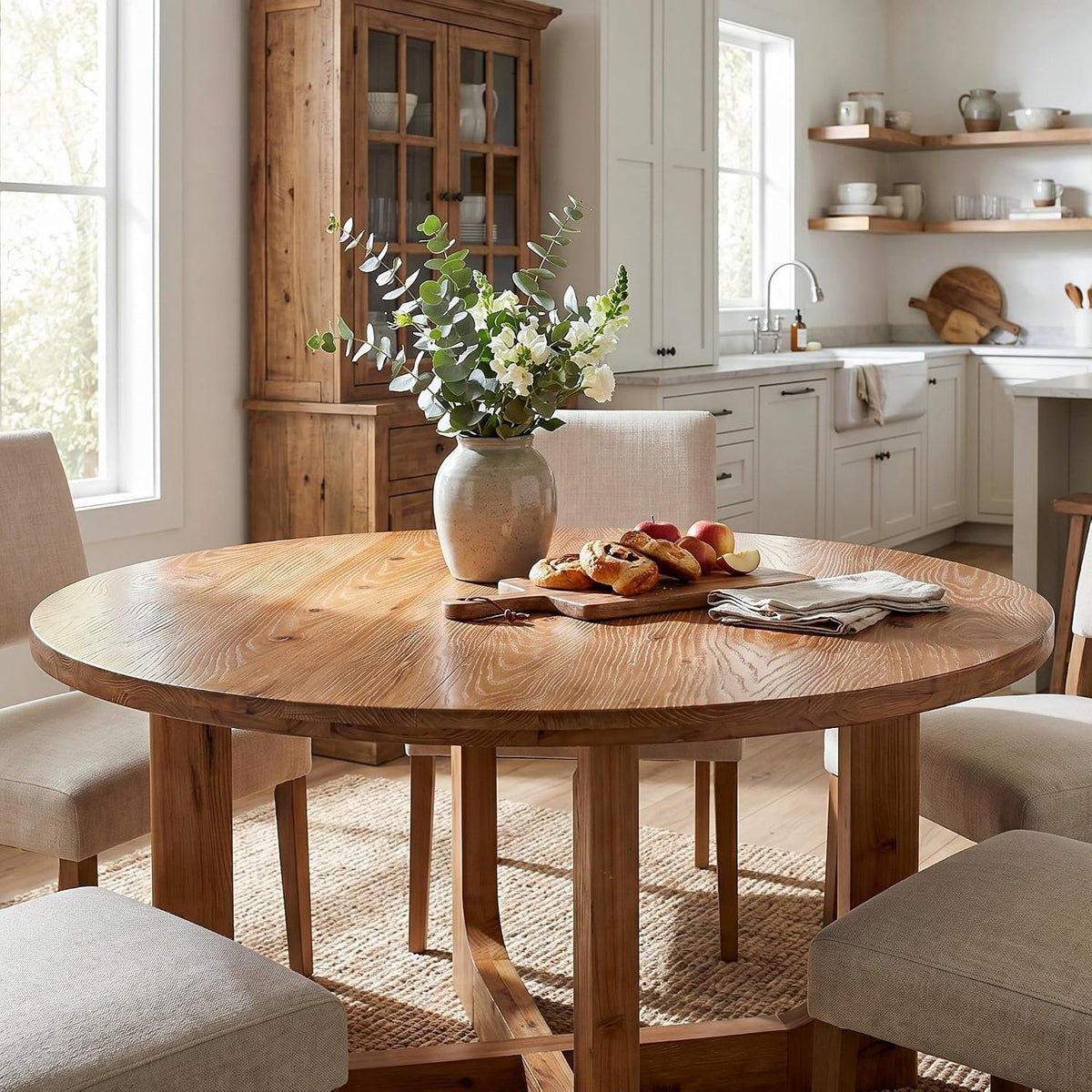 100cm Round Dining Table, Rustic Kitchen Table for 2-4 People