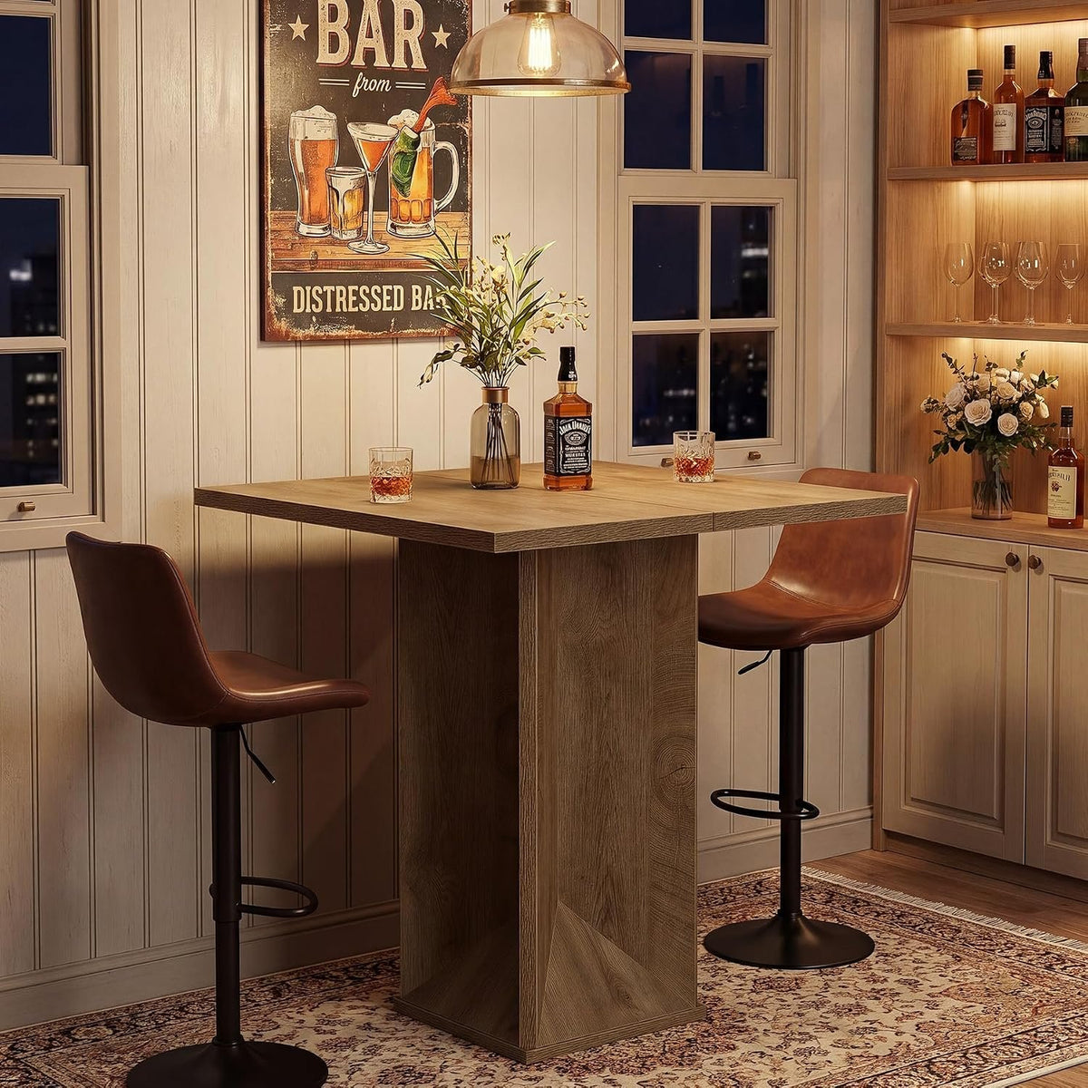 80cm Square Bar Table, Rustic Wooden Pub Table for Home Bar Bistro