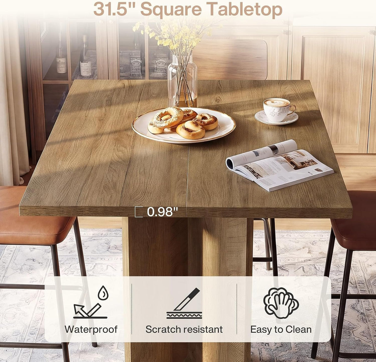 80cm Square Bar Table, Rustic Wooden Pub Table for Home Bar Bistro